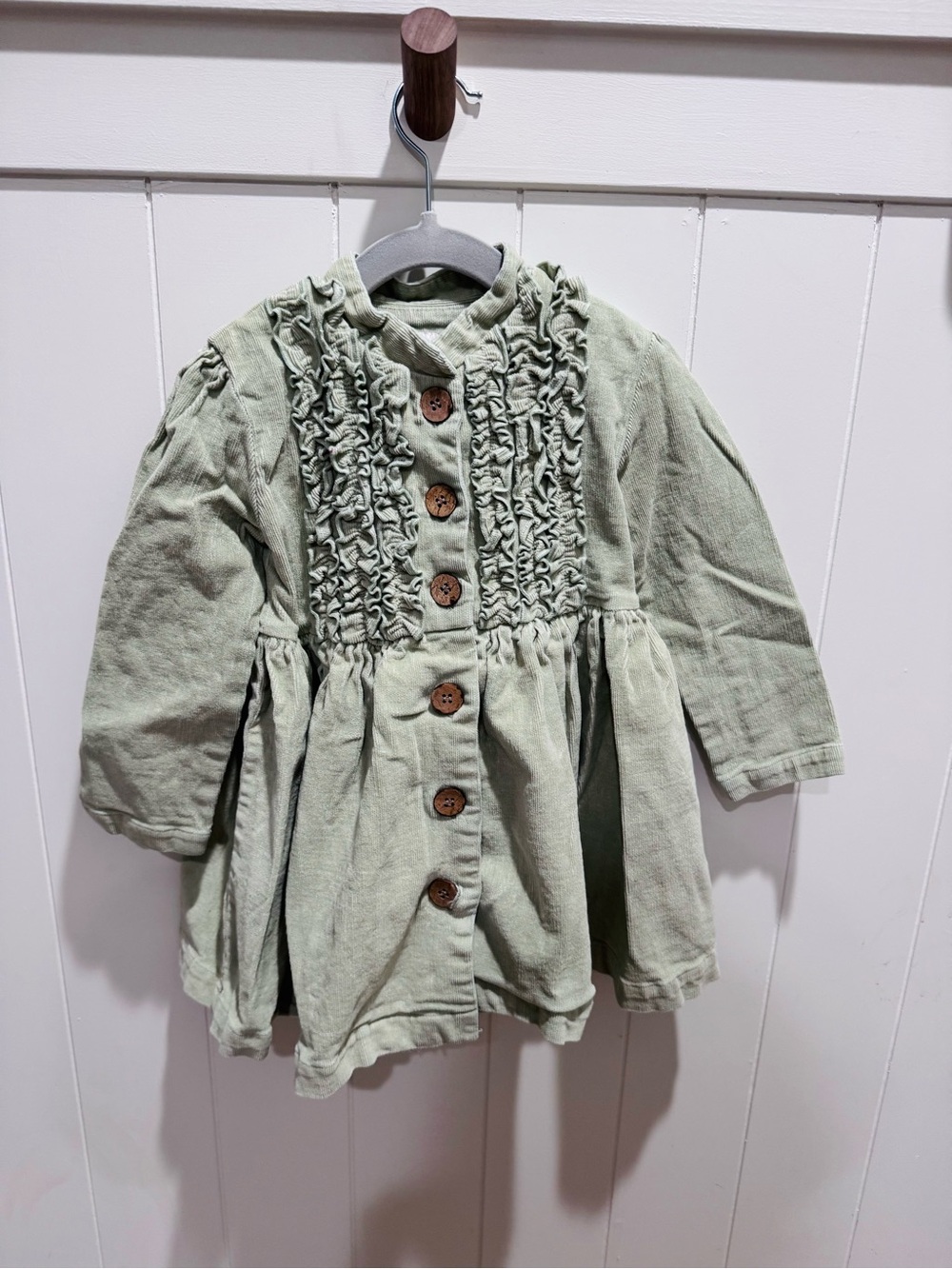 Girls Ruffle-Front Long Sleeve Dress in Sage Green